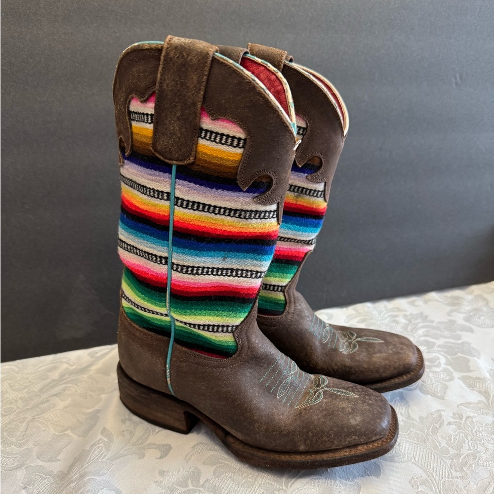 Maci Bean Kids 1‎ Serape Blanket Brown Leather Square Cowboy Boots Equestrian